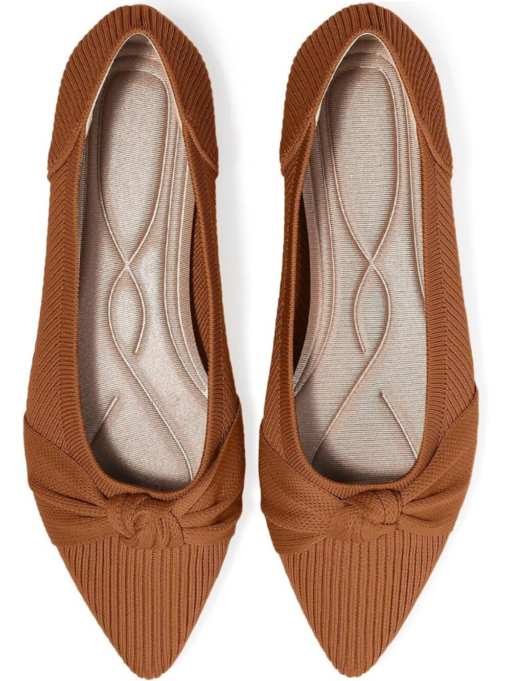 Women's Brown Pointed Toe Knit Washable Ballet Flat Comfortable Dress Shoes